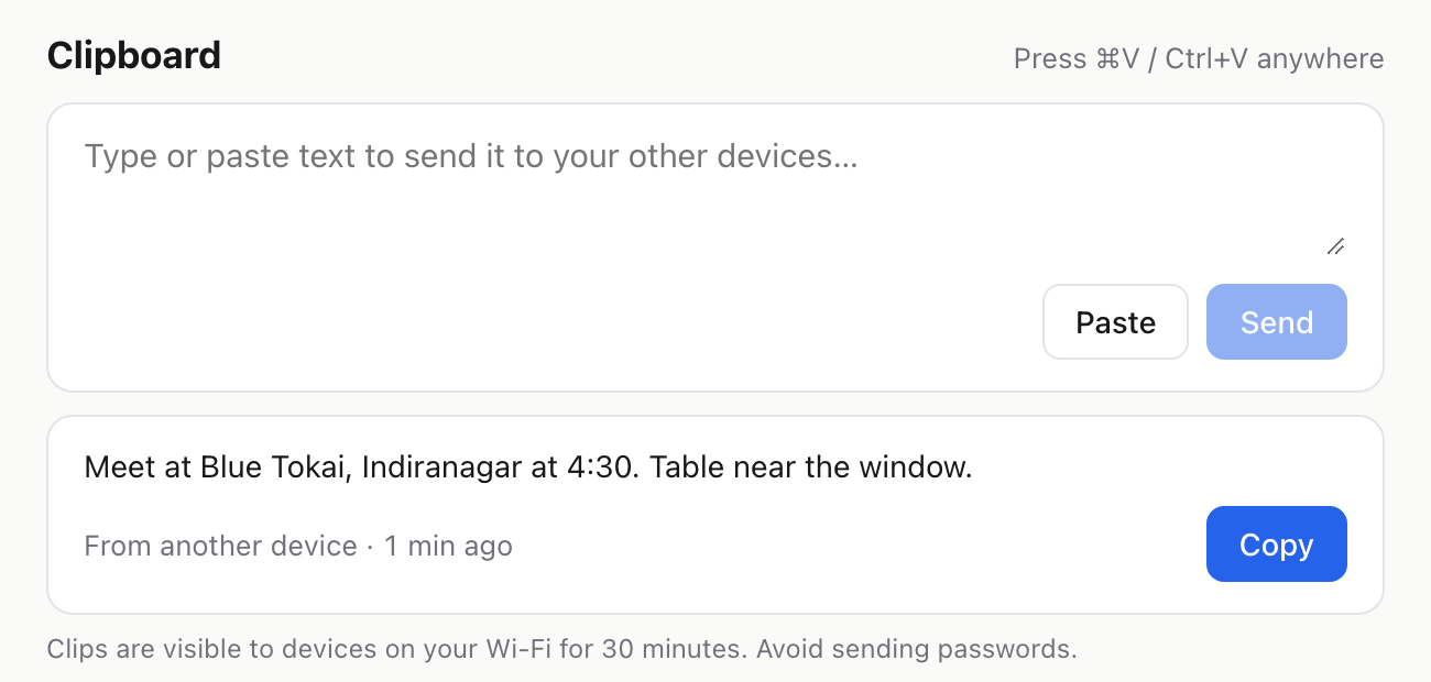 fdrop clipboard on a Windows PC showing text sent from an Android phone, with a Copy button