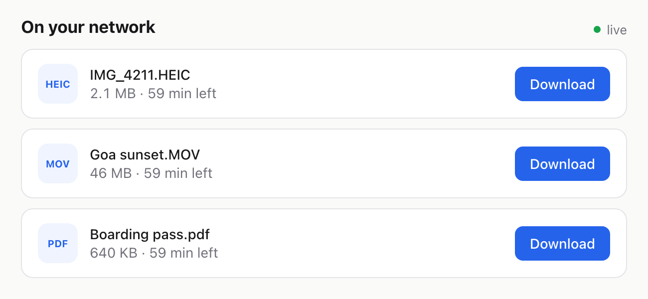 fdrop “On your network” list on a Mac showing a photo, a video and a PDF sent from an Android phone